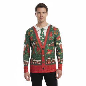 Faux Real Mens Ugly Christmas Sweater Long Sleeve Unisex T-Shirt Tie Large